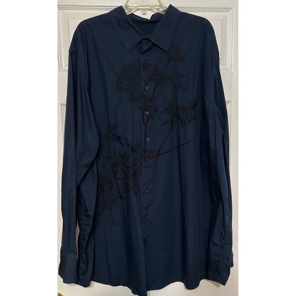 Synergy Mens Button Up Shirt Blue With‎ Black Embroidery Sz 3XLT 100% Cotton